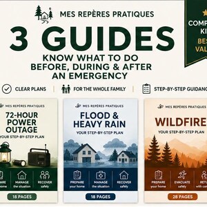 May include: A set of three emergency preparedness guides titled Mes Repères Pratiques. The guides cover 72-Hour Power Outage, Flood & Heavy Rain, and Wildfire. Each guide includes step-by-step plans, icons for family safety, and page counts.