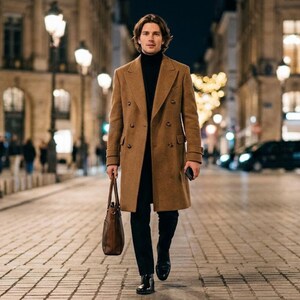 Men’s Camel Brown Wool Overcoat, Double Breasted Long Coat, Classic Winter Coat, Elegant Formal Outerwear, Timeless Men’s Fashion
