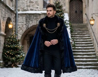 Königsblauer Samtumhang mit schwarzem Kunstpelzbesatz, mittelalterlicher Umhang für Herren, königliches Kostüm, gotischer Fantasy-Umhang, Renaissance-Outfit