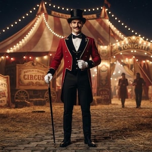 Può includere: Un presentatore di circo indossa un frac rosso con risvolti neri, un gilet nero, una camicia bianca con papillon nero, pantaloni neri e un cilindro nero. La figura tiene un bastone nero e indossa guanti bianchi davanti a un tendone.