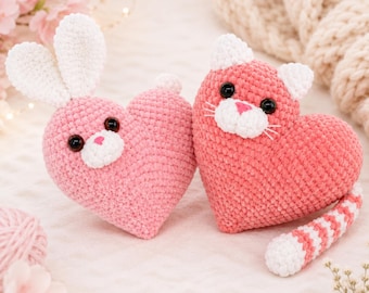 Heart Cat and Bunny Amigurumi Crochet Pattern, Plush Toy PDF (Instant Download)
