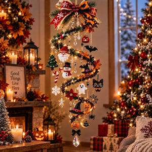 May include: A spiral hanging decoration featuring a mix of Christmas and Halloween ornaments, including a Santa, snowman, ghost, black cat, pumpkins, witch hats, and a large red bow at the top, accented with clear crystals and small lights.