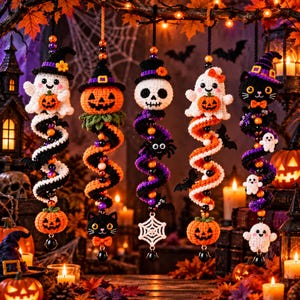Halloween Crochet Spiral Wind Spinner Pattern PDF, Spooky Hanging Decor Tutorial, Ghost Pumpkin Cat Amigurumi, Instant Download