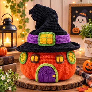 May include: A crocheted pumpkin house featuring a tall black witch hat with a purple band and a yellow square buckle. The orange pumpkin base has a purple arched door with a light green trim, and four round windows with yellow panes and green frames.