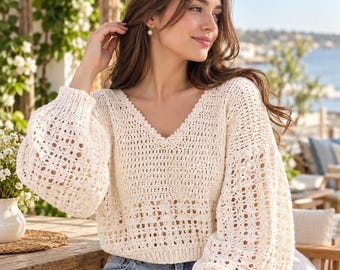 Boho Lace Crochet Top Pattern, Bell Sleeve Pullover (PDF Download)