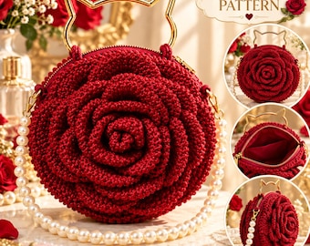 Crochet Rose Bag Pattern, Burgundy Floral Handbag, Pearl Strap, Cat Handle (PDF)