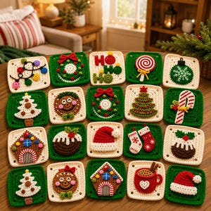 May include: A collection of twenty square crochet patches featuring various Christmas motifs including gingerbread people, Santa hats, Christmas trees, wreaths, candy canes, stockings, and holiday puddings in red, green, white, and brown yarn.