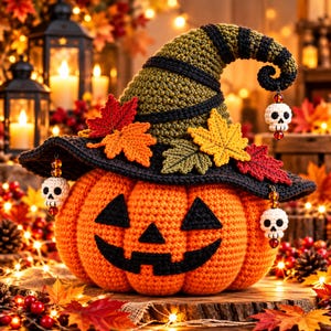 May include: A crocheted orange pumpkin with a black jack-o'-lantern face, wearing a pointed olive green and black witch hat decorated with crocheted red, orange, and yellow maple leaves and three small white skull charms with amber beads.