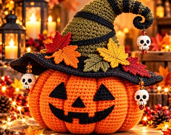 Crochet Halloween Pumpkin Ghost Stack Pattern PDF, Cute Amigurumi Fall Decor, Witch Hat Halloween Tutorial