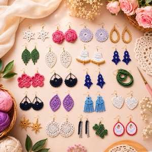 May include: A collection of various handmade crochet earrings in diverse shapes and colors, including stars, flowers, leaves, and geometric patterns, arranged in rows on a light surface with gold-toned metal earring hooks attached to each pair.