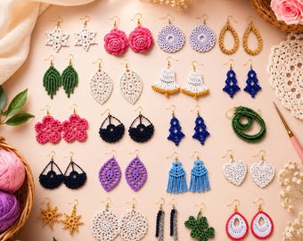 50 Crochet Earring Patterns Bundle, Floral, Lace, Boho, Hoop, Leaf (PDF)