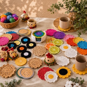 Crochet Coaster Pattern Bundle | Sunflower, Floral, Chicken, Holder (PDF)