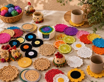 Crochet Coaster Pattern Bundle | Sunflower, Floral, Chicken, Holder (PDF)