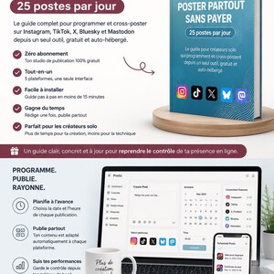 Peut inclure: Un guide numérique intitulé POSTER PARTOUT SANS PAYER avec 25 postes par jour, présenté sous forme de livre et d'écran d'ordinateur affichant un tableau de bord de planification avec les icônes Instagram, TikTok, X, Bluesky et Mastodon.