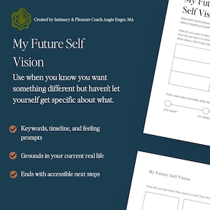 May include: A dark blue informational graphic titled My Future Self Vision, created by Intimacy & Pleasure Coach Angie Enger, MA. It features white text, checkmark icons, and partial views of white worksheets with prompts and blank boxes.