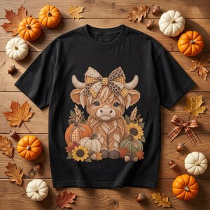 Può includere: Una t-shirt nera con la grafica di una soffice mucca Highland che indossa un grande fiocco con motivi scozzesi e leopardati. La mucca è circondata da zucche, girasoli e foglie autunnali, creando un design a tema stagionale autunnale.