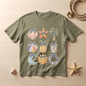 Niedliches Filz-Strand-T-Shirt | Patchwork-T-Shirt mit Muschel-, Ananas- und Palmenmotiv | Sommerliches Oversize-Shirt mit salzigen Vibes | Strand-Geschenk-T-Shirt