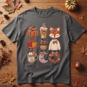 Cute Felt Fall Grid Tee | Fox Pumpkin Acorn Patchwork Graphic T-Shirt | Cozy Autumn Cottagecore Oversized Shirt | Fall Gift Tee