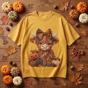 May include: A mustard yellow t-shirt featuring a graphic of a fluffy highland cow wearing a plaid bow. The cow is surrounded by pumpkins and autumn leaves. The design includes a large orange pumpkin, a smaller plaid pumpkin, and a white pumpkin.