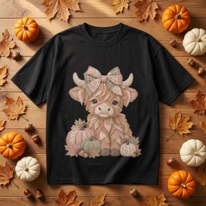 Peut inclure: Un t-shirt noir à manches courtes orné d'un motif de vache highland duveteuse avec un nœud à carreaux sur la tête, assise parmi des citrouilles et des feuilles d'automne. La vache est brun clair et les citrouilles sont de tons pastel doux.