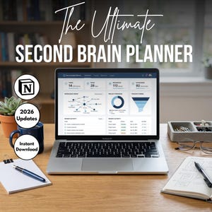Può includere: Un portatile argentato che mostra una dashboard digitale intitolata Second Brain Planner con grafici, un grafico delle conoscenze e l'avanzamento dei progetti. Le sovrapposizioni di testo includono The Ultimate SECOND BRAIN PLANNER.