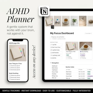 May include: A digital ADHD planner displayed on a tablet and smartphone screen. The interface features a My Focus Dashboard with quick buttons for tasks, timers, and reminders, alongside a navigation menu and section table for tracking progress.