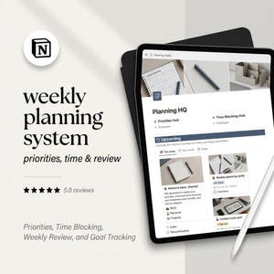 May include: A digital weekly planning system displayed on a tablet screen with a white stylus. The interface shows a Planning HQ dashboard with sections for priorities, time blocking, and upcoming tasks, alongside a five-star rating and text.