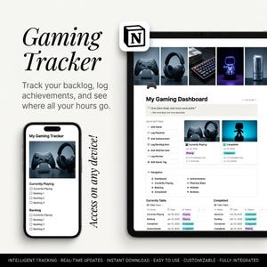 以下が含まれることがあります： Notion用のデジタルゲーミングトラッカーテンプレートがスマートフォンとタブレットに表示されています。インターフェースには、ゲームのバックログ、実績、プレイ時間を追跡するためのセクションを備えたダッシュボードと、ナビゲーションメニューおよびステータステーブルが含まれています。