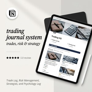 Könnte beinhalten: Ein digitales Trading-Journal-System auf einem Tablet-Bildschirm mit dem Text Trading HQ, Trade Log Hub und Strategy Hub. Die Benutzeroberfläche enthält Abschnitte für anstehende Aufgaben, Marktkarten und Dokumentation sowie einen Eingabestift.
