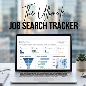 May include: A laptop displaying a digital Job Search Hub dashboard with metrics including applications sent, response rate, interviews scheduled, and offers received. The screen features an application pipeline funnel and activity heatmap.