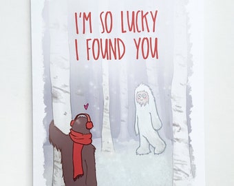 Tarjeta de amor de Yeti Bigfoot: Divertida tarjeta de aniversario con una criatura críptida.
