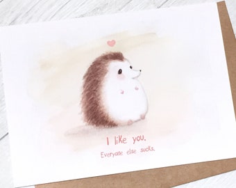 I Like You // Funny Introverted Hedgehog Greeting Card // Hedgehog // Fun Illustrated Card // Friendship // Anti-social Card // BFF Sarcasm