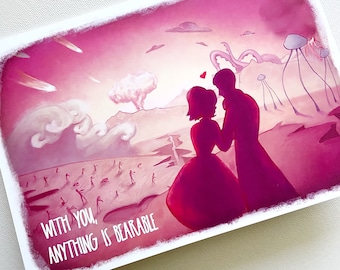 Romance del fin del mundo // Tarjeta de amor con humor negro // Amor y el Apocalipsis