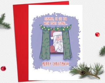 Tarjeta de Navidad incómoda // Te ve cuando duermes // Tarjeta de Navidad espeluznante // Tarjeta festiva divertida // Tarjeta de Papá Noel espeluznante