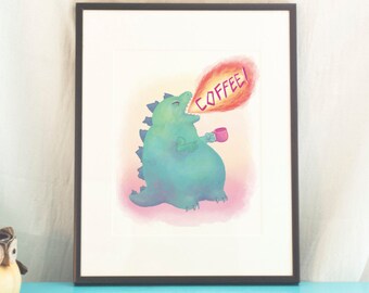 Coffeesaurus Print: Funny Coffee-Loving Dinosaur Art Print