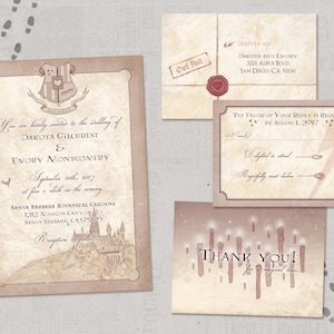 May include: A Harry Potter themed wedding invitation with a crest, a Hogwarts castle illustration, and the text "You are hereby invited to the wedding of Dakota Gilchrist & Emory Montgomery September 30th, 2017 at five o'clock in the evening Santa Barbara Botanical Gardens 1212 Mission Canyon Rd Santa Barbara, CA 93103 Reception to follow"