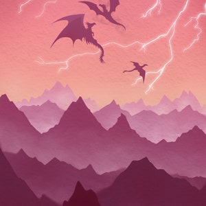 May include: Three black silhouettes of dragons flying against a pink and white lightning sky over a purple mountain range.