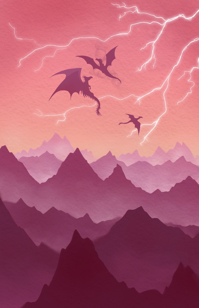 May include: Three black silhouettes of dragons flying against a pink and white lightning sky over a purple mountain range.