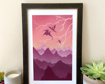 Lámina artística de abanico de Fourth Wing: Jinetes de dragones, impresión de paisaje fantástico