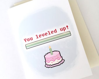 Tarjeta de cumpleaños "Leeky Gamer" (Sube de nivel): Arte de 8 bits