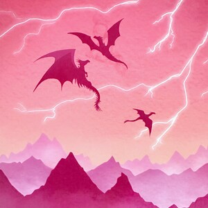 May include: Three pink silhouettes of dragons flying against a pink and white lightning storm sky over a pink mountain range.