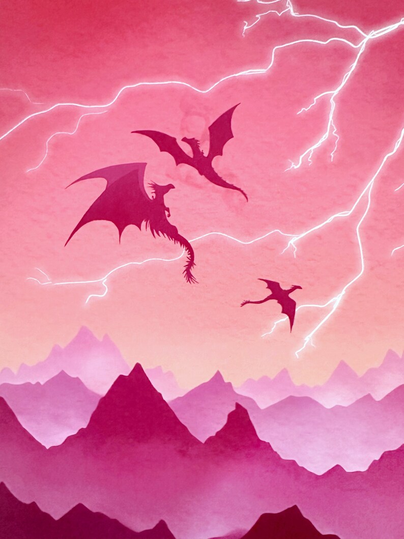 May include: Three pink silhouettes of dragons flying against a pink and white lightning storm sky over a pink mountain range.