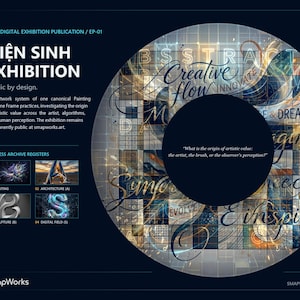 Op de afbeelding: Een digitale tentoonstellingspublicatie getiteld HIEN SINH EXHIBITION met een cirkelvormige afbeelding met rasterlijnen, abstracte wervelingen en tekst waaronder Creative flow, Imagine en Inspire. De lay-out bevat procesarchiefregisters en SMapWorks-branding.