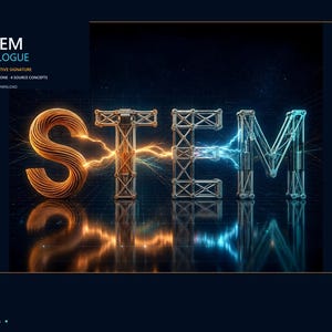 Può includere: La parola STEM è visualizzata in grandi lettere 3D. La S è arancione e a spirale, mentre la T, la E e la M sono costruite con travi strutturali metalliche. Archi elettrici collegano le lettere, con luce arancione a sinistra e blu a destra.