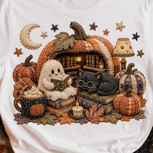 May include: A white t-shirt featuring a graphic of a ghost reading a book inside a large pumpkin house with a black cat wearing glasses, surrounded by smaller pumpkins, a mug with whipped cream, autumn leaves, a crescent moon, and stars.
