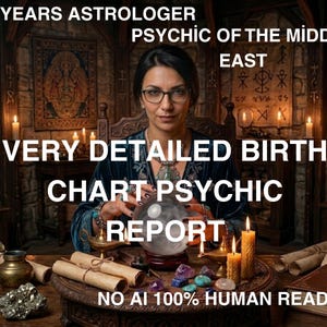 Könnte beinhalten: Eine Person mit dunklem Haar und Brille sitzt an einem Holztisch mit Kristallkugel, Kerzen, Schriftrollen und Steinen. Text: 25+ YEARS ASTROLOGER PSYCHIC OF THE MIDDLE EAST, VERY DETAILED BIRTH CHART PSYCHIC REPORT, NO AI 100% HUMAN READING.