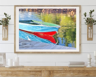 Brightly Colored Dinghy on a Maine Lake, Colorful Rowboat, Boys Room Print, Bathroom Art, Coastal Decor, Boat Photograph, Dock & Boat Print