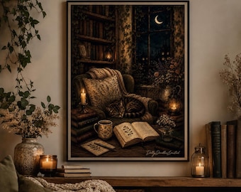 Vintage Library Print | Śpiący kot, książki, okno w blasku księżyca (pobranie cyfrowe)