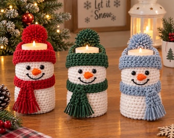 Beginner Crochet Snowman Candle Holder Pattern, Christmas Tea Light Holder (PDF)