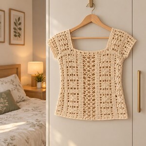 May include: A cream-coloured short-sleeve top made of intricate crochet fabric. The garment features a square neckline and a repeating geometric pattern with a central vertical panel of openwork stitching, all displayed on a wooden hanger.